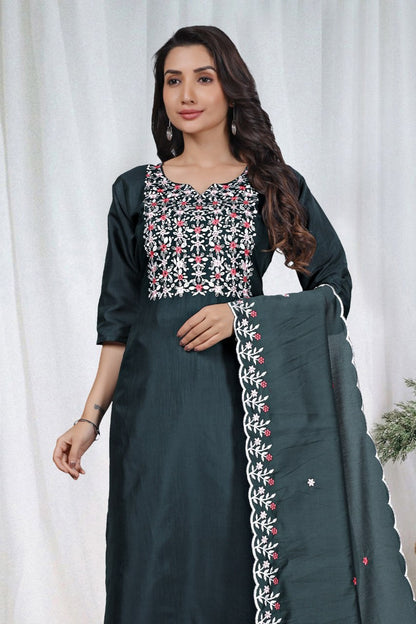 Premium Dark Green Embroidered Vertical Cotton Suit Set with Scalloped Dupatta
