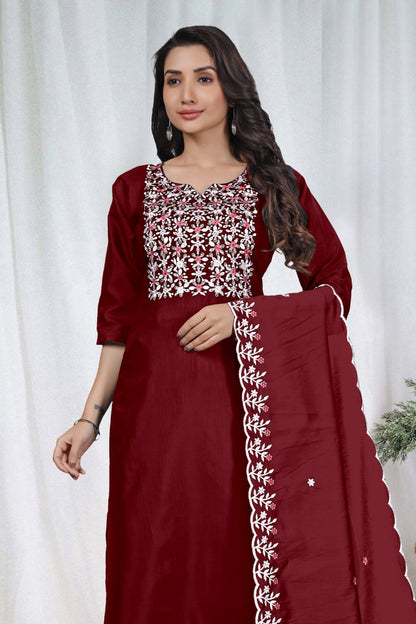 Premium Maroon Embroidered Vertical Cotton Suit Set with Scalloped Dupatta