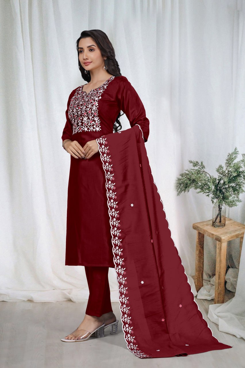 Premium Maroon Embroidered Vertical Cotton Suit Set with Scalloped Dupatta