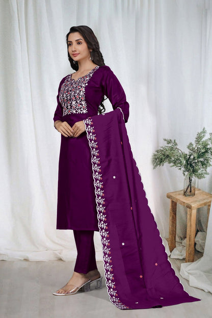 Premium Deep Purple Embroidered Vertical Cotton Suit Set with Scalloped Dupatta