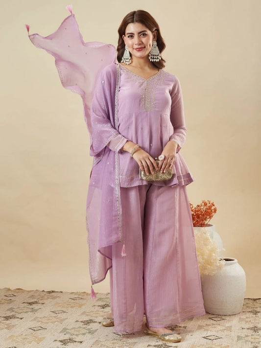 Premium Embroidered Crunchy Silk Peplum Kurti & Palazzo Set