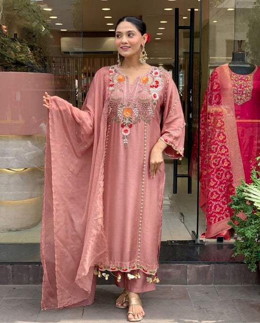 Premium Dusty Rose Pink Embroidered Cottan Lining Suit Set with Dupatta